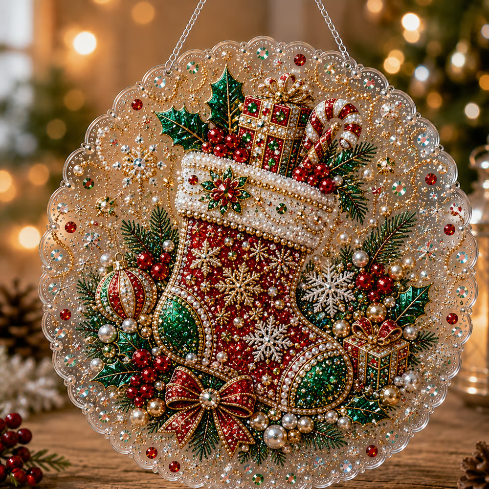 🎄 LAST DAY 50% OFF – ✨ Christmas Pearl Diamond Art Hanging Ornament Kit | Luxury Flocked Canvas with Scratch-Resistant Non-Fading Pearl Beads DIY Handmade Holiday Hanging Decor 🎅💎